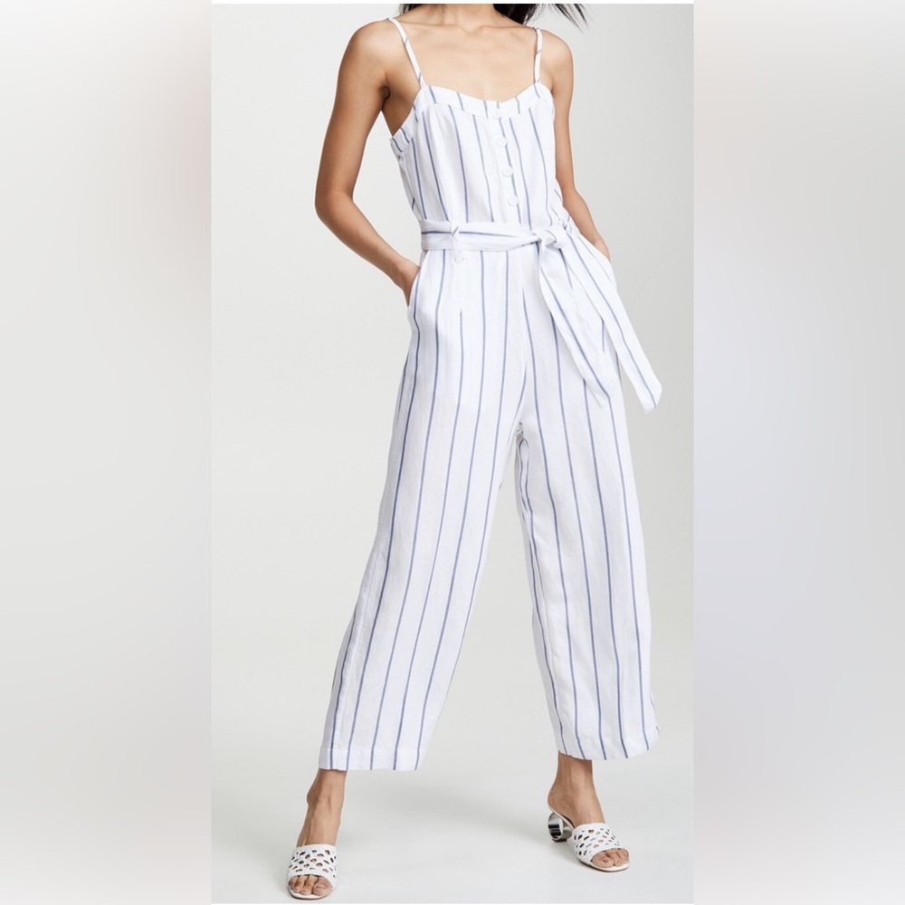 Rails Harper Linen Blend Belted White with Blue Striped Cropped Jumpsuit